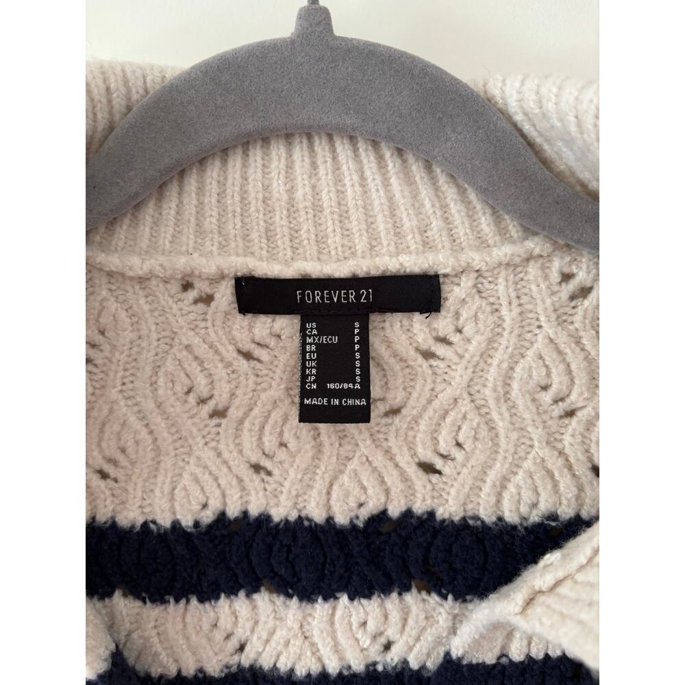 Forever 21 Striped Collared Crop Sweater Ivory Navy Cable Knit Women’s S - Picture 5 of 6